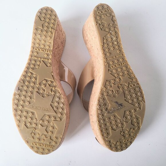 Jimmy Choo Tan Cream Patent Leather Cork Platform Thong Sandals Size EU 38 - Picture 9 of 11